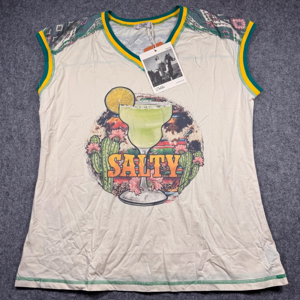 Delila Salty Margarita Western Graphic‎ Tee Beige XXL DL-T083 NWT